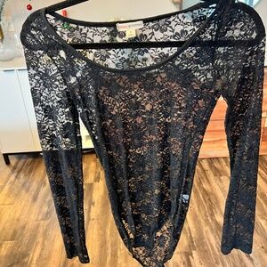 Black Lace Bodysuit | Long Sleeve Sheer Floral | Size S